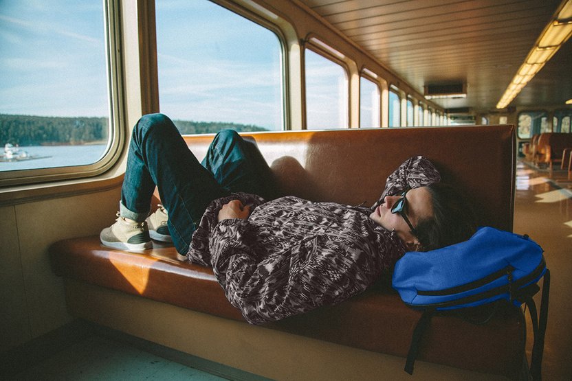 Mark McMorris, en route via ferry with nothing but the essentials.